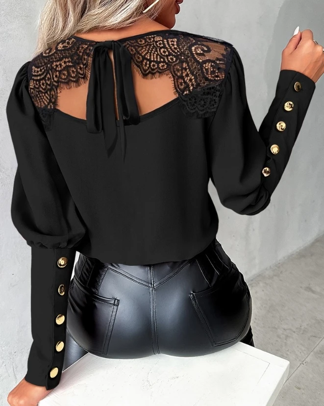 

Y2K Fashion Woman Blouse 2023 Autumn New Casual Sexy Round Neck Button Design Eyelash Lace Patch Tied Detail Top Female Clothing