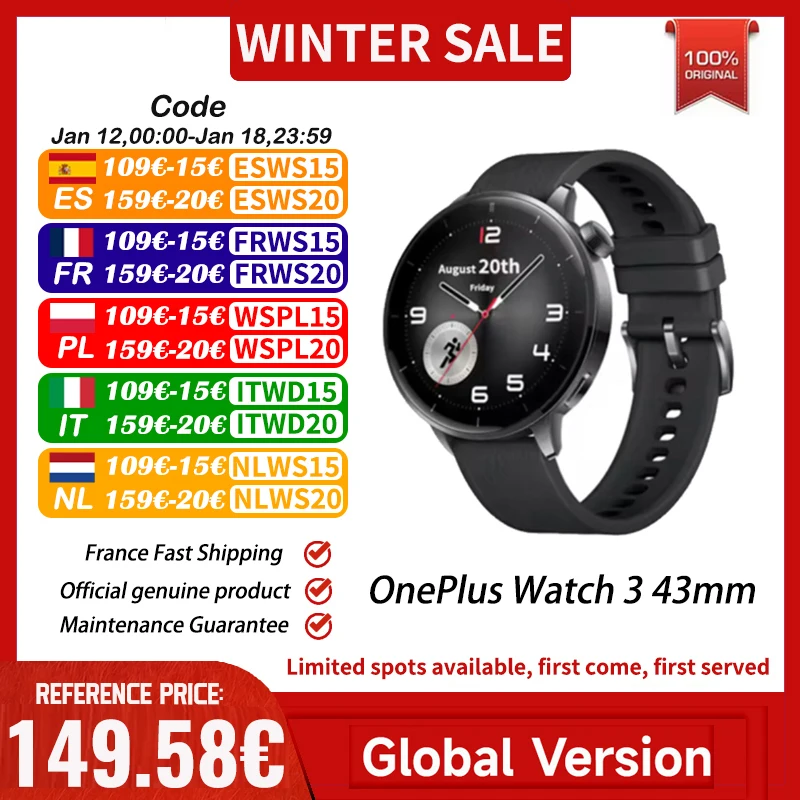 OnePlus montre 3 43mm Version mondiale montre intelligente 1.32 "AMOLED affichage prise en charge NFC GPS Bluetooth appel SpO2 détection de chute