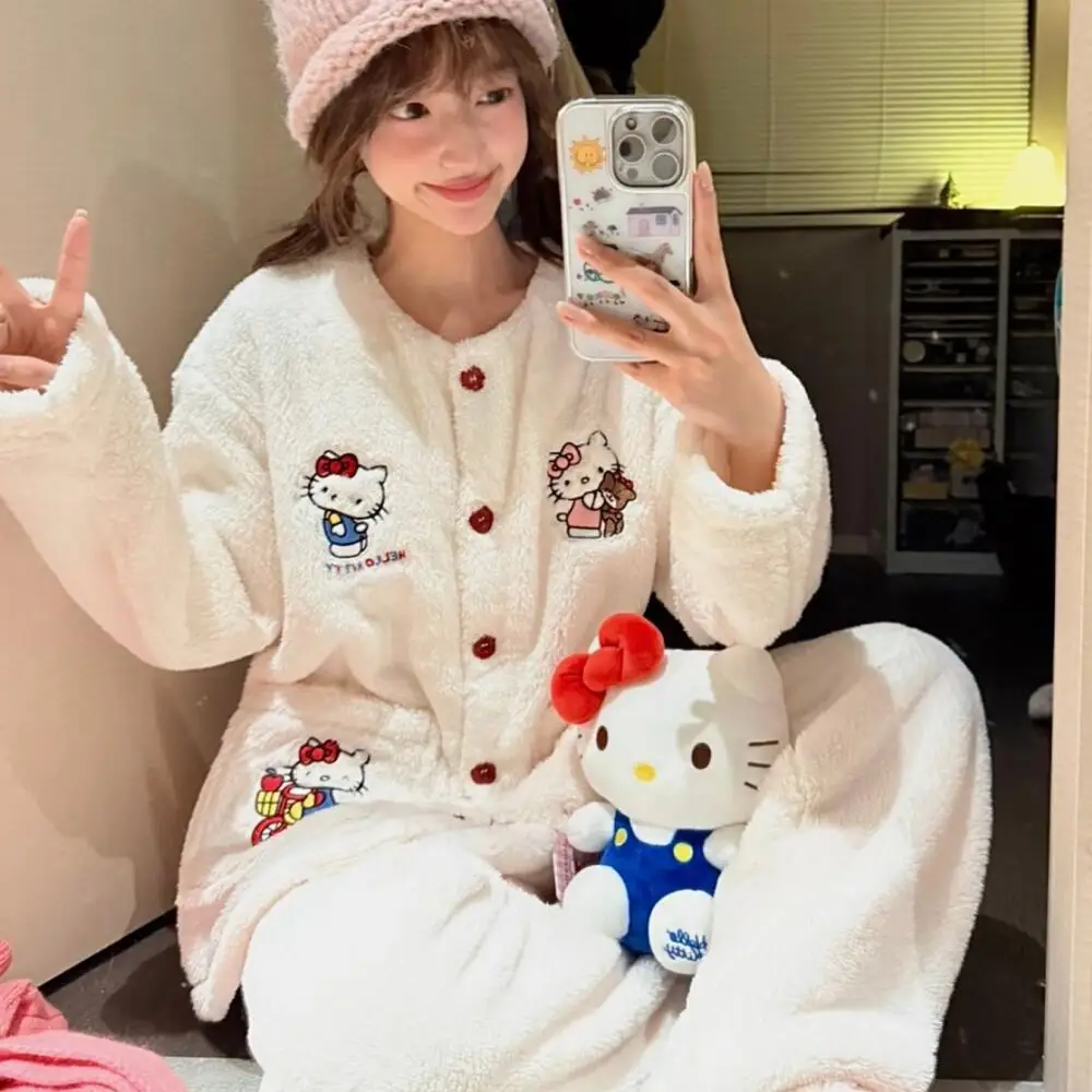 

Anime Hello Kitty Pajamas Suit for Women Cartoon Winter New Coral Velvet Nightwear Cute Kt Cat Plush Cardigan Home Wear Set