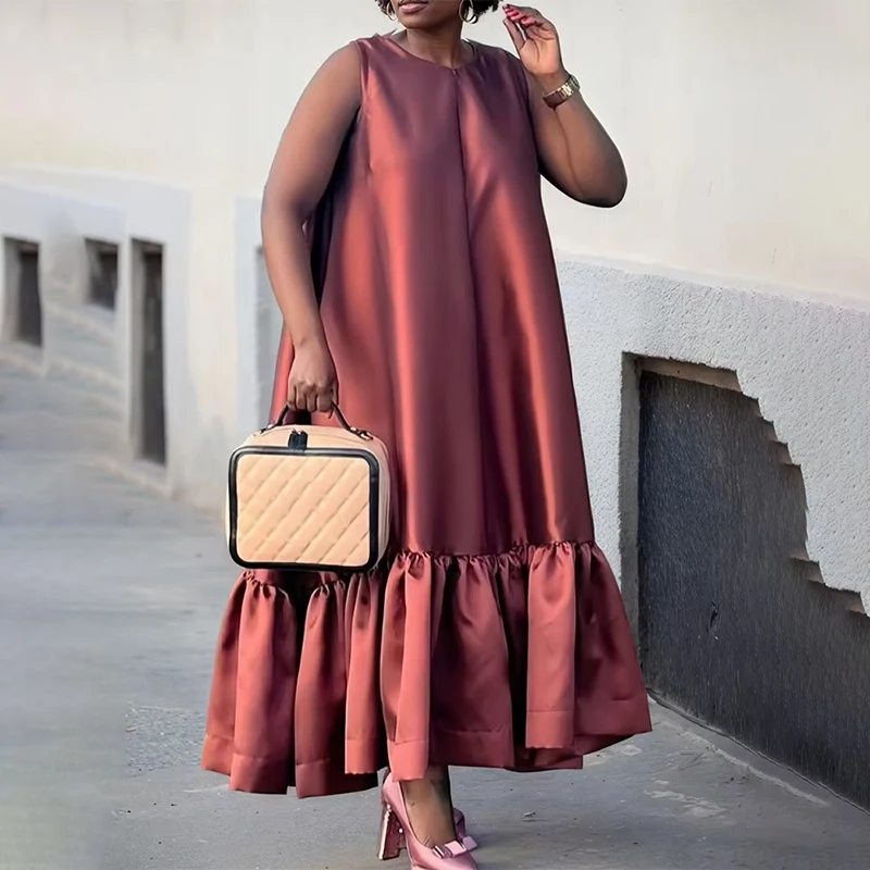 

Plus Size Solid Color Women Dress Elegant Sleeveless Loose A-Line Crew Neck Ruffle Hem Summer Dress Satin Party Evening Dresses