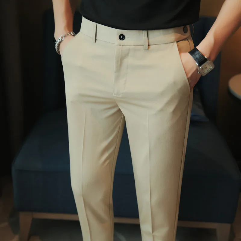 Pantalones formales para hombre, Pantalón de vestir con diseño de cinturón, sencillo y ajustado, traje informal de negocios, talla grande 38, 2023