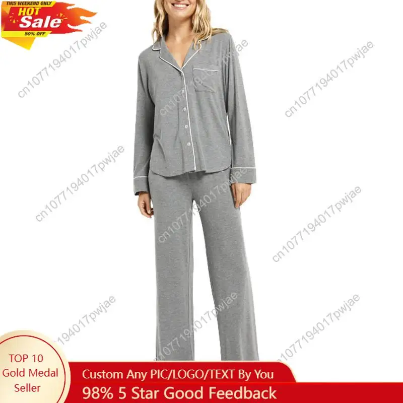 

LYANERS Women's Softest PJ Set 2 Piece V Neck Long Sleeve Button Down Sleepwear Lounge Pajama Sets Loungewear