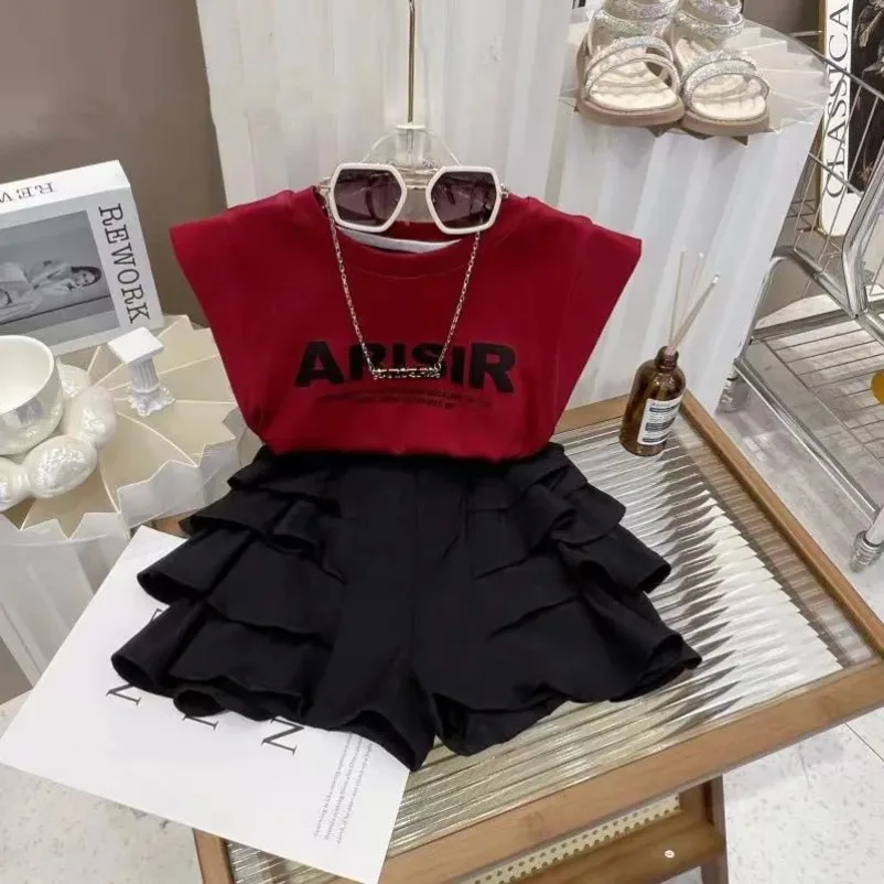 

New Girls' Set 2024 Summer Middle and Big Children's Fashion Sleeveless Tank Top+Solid Color Skirts Two Piece Set Summer