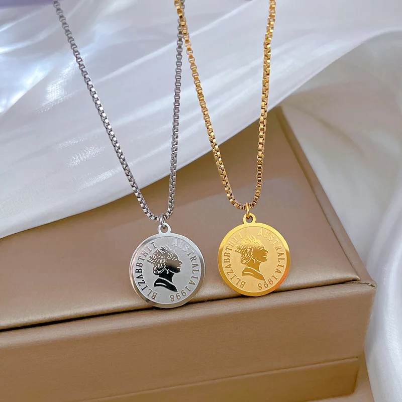 Stainless steel Fashion women coins small pendant Choker rolo Necklace 10 cent pound Elizabeth II round charms necklace