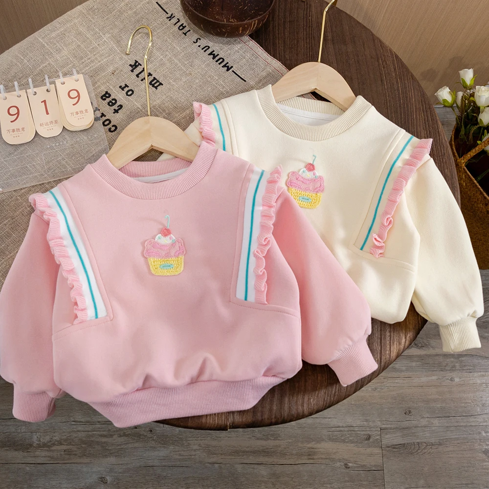 Cute Kids Girls Sweatshirts Spring Autumn Korean Style Ruffles Fly Sleeve Hoody Embroidery Pullover Tops Children Clothes 1-6Y