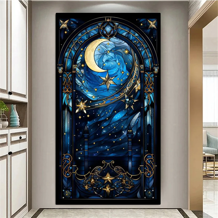 

Diy Mosaic Arts Abstract Colored Glass Window Starry Sky Scenery Diamond Painting Full Rhinestone Embroidery Picture JX0020