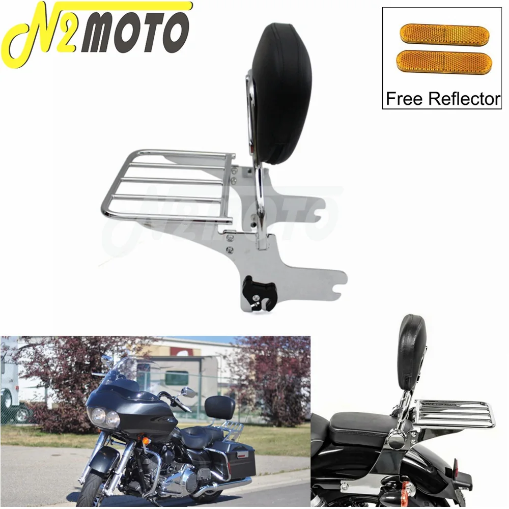 Motorcycle Black and Chrome Sissy Bar Luggage Rack Detachable Rear Passenger Backrest Pad for Harley Road King FLHX FLTR 97-08