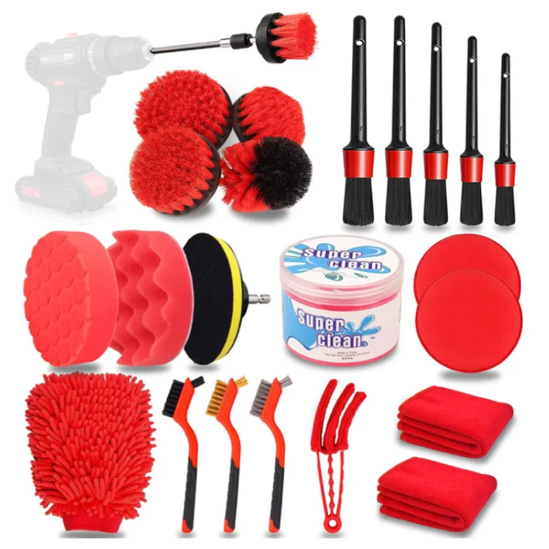 24pcs car beauty tools interior dusting detail cleaning brush microfibre glove towel tyre wheel brush waxing sponge