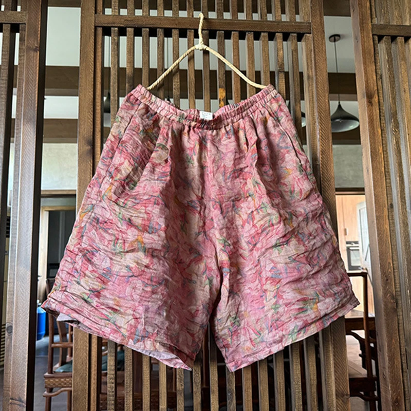 100% lin femmes Shorts décontracté nouveauté 2025 été Style Vintage imprimé fleuri ample confortable femme pantalons courts T478