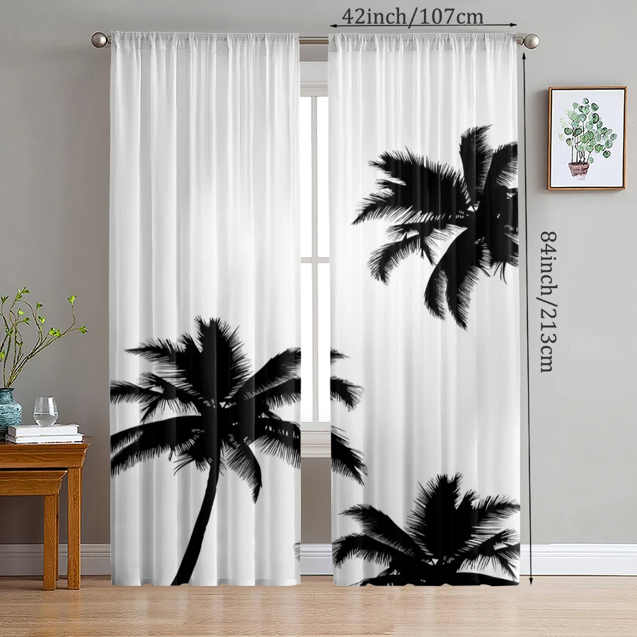 2pcs- Black and white coconut tree printed curtains, pole bag curtains, Christmas decorations, home decorations, room decoration