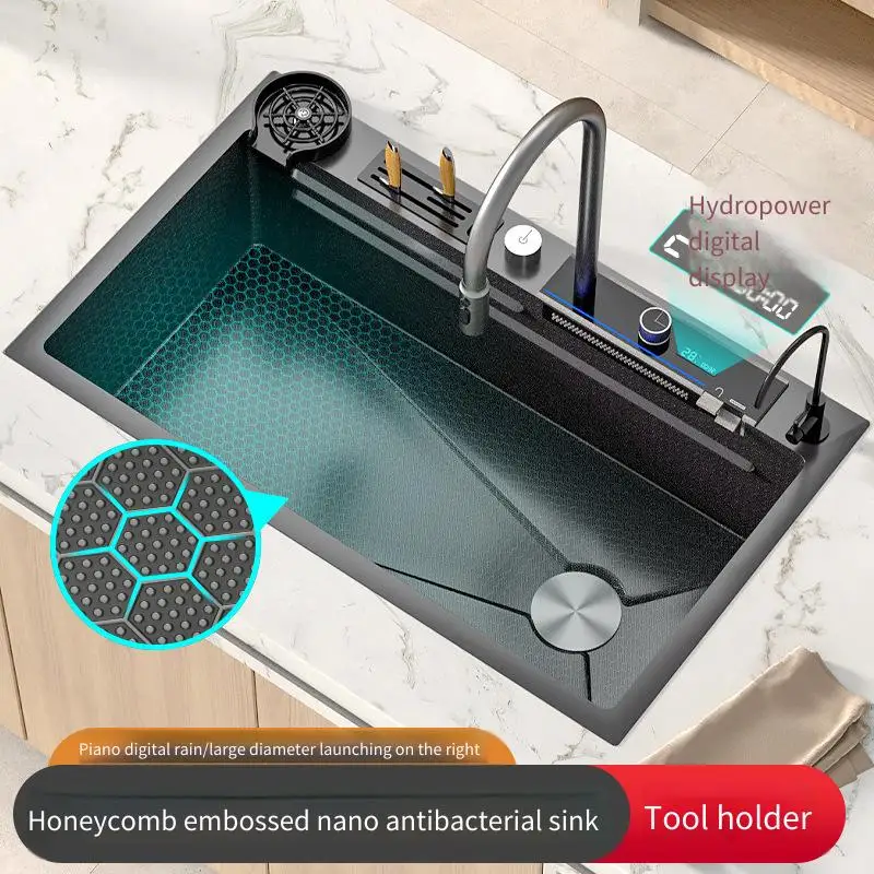 

Emed Digital Display Feiyu Waterfall Sink Single-slot Stainless Steel 304 Kiten Household Dishwasher Sink Vegetable Basin