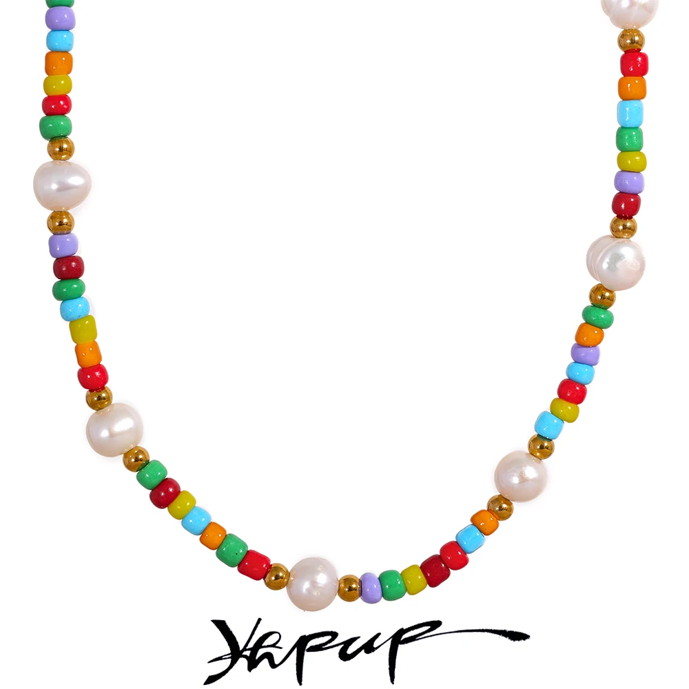 Yhpup Stainless Steel Bohemian Colorful Beaded Collar Necklace Bracelet Natural Pearls Handmade Trendy Fashion Charm Jewelry