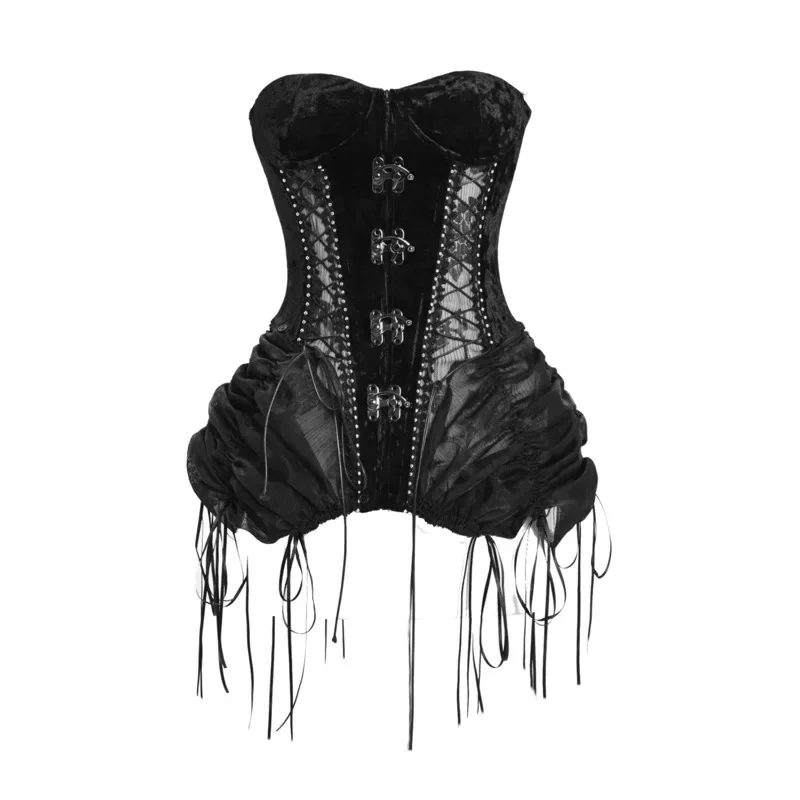 Gothic Dark Style Female Black Fishbone Strap Birdcage Corset Retro Velvet Embossed Long Sleeve Cape with Mesh Hem Skirt Outfits