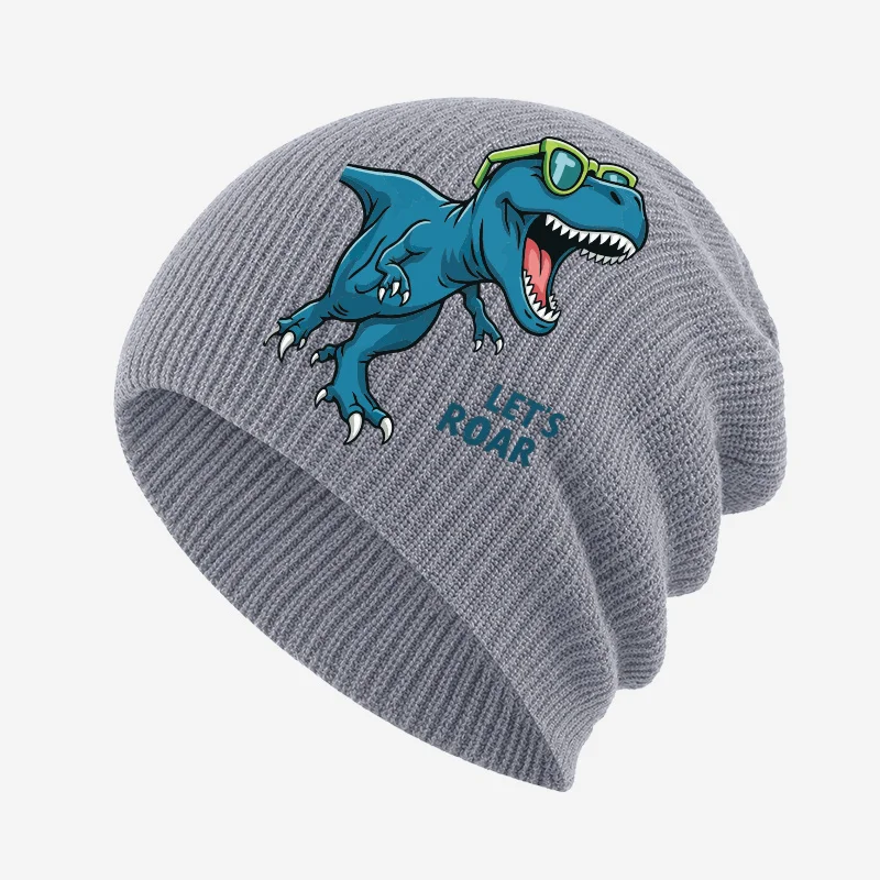Fun Eye‑Catching Toddler 1‑3Y Slouchy Knit Beanie Cool T‑Rex Dinosaur Graphic Print Soft Comfortable For Zoo Visit Boys Casual H view 6