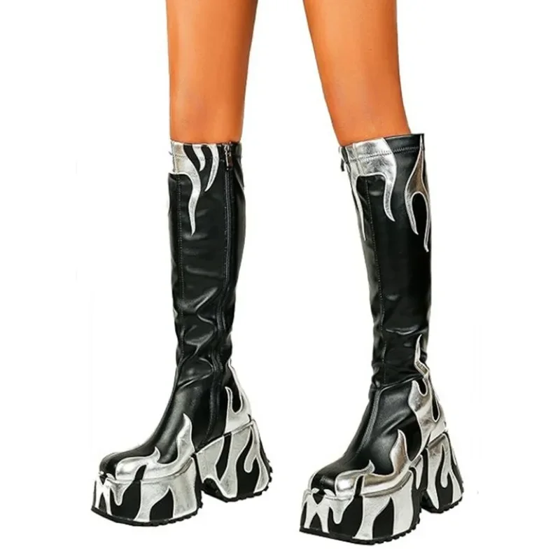 2024 Women\'s High Quality Thick High Heels, Thick Sole Side Zipper Boots, European and American Fashion Flame Show Shoes