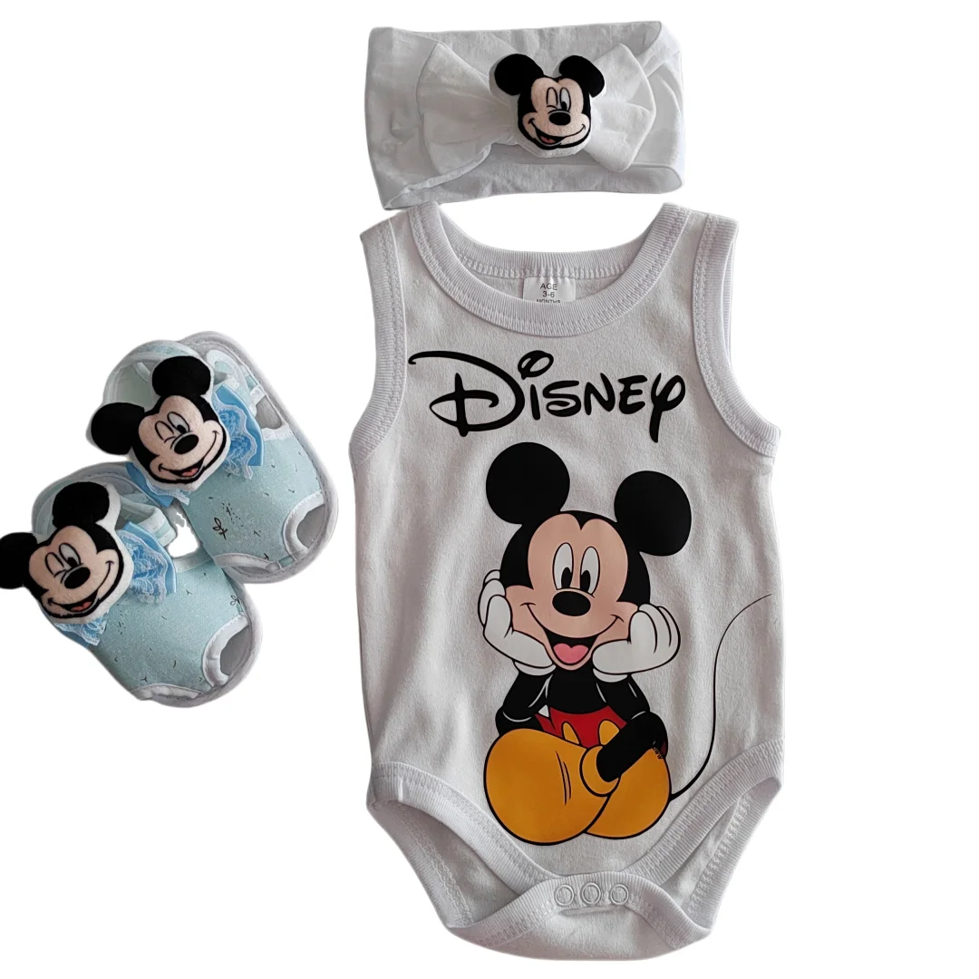 Mickey Mouse Super Large Print Summer Newborn Baby Boy Romper and Elastic Headband Pure Cotton Sleeveless Soft Baby Accessories