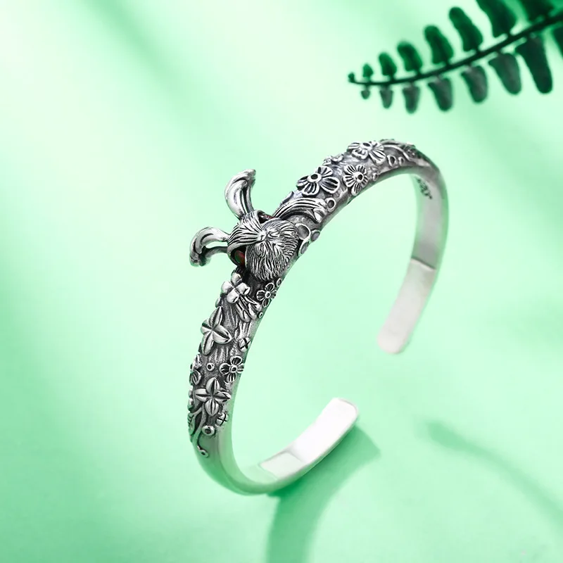 

S925 sterling silver original design 12 zodiac rabbit couple bracelet, niche fashion vintage hip-hop trendy accessories