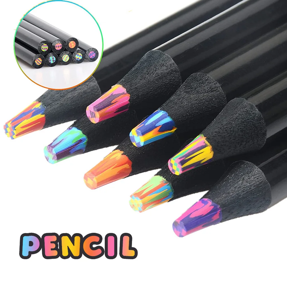 

8/12Pcs/Set Black Wood Rainbow Pen Large Multi-Color Pencil for Sketching Graffiti Painting Student Stationery