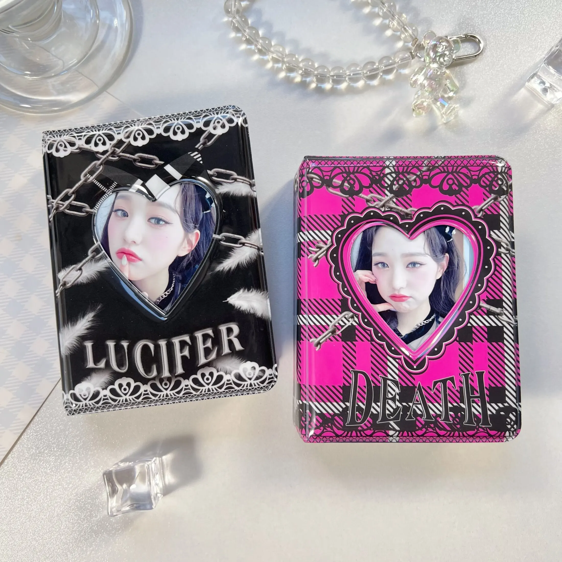 Y2K Vintage 3 Inch 1-Grid Photo Album, Sweet Cool Kpop Idol Photocard Storage for Polaroid Photo, Dark Feather Rose Red Chain