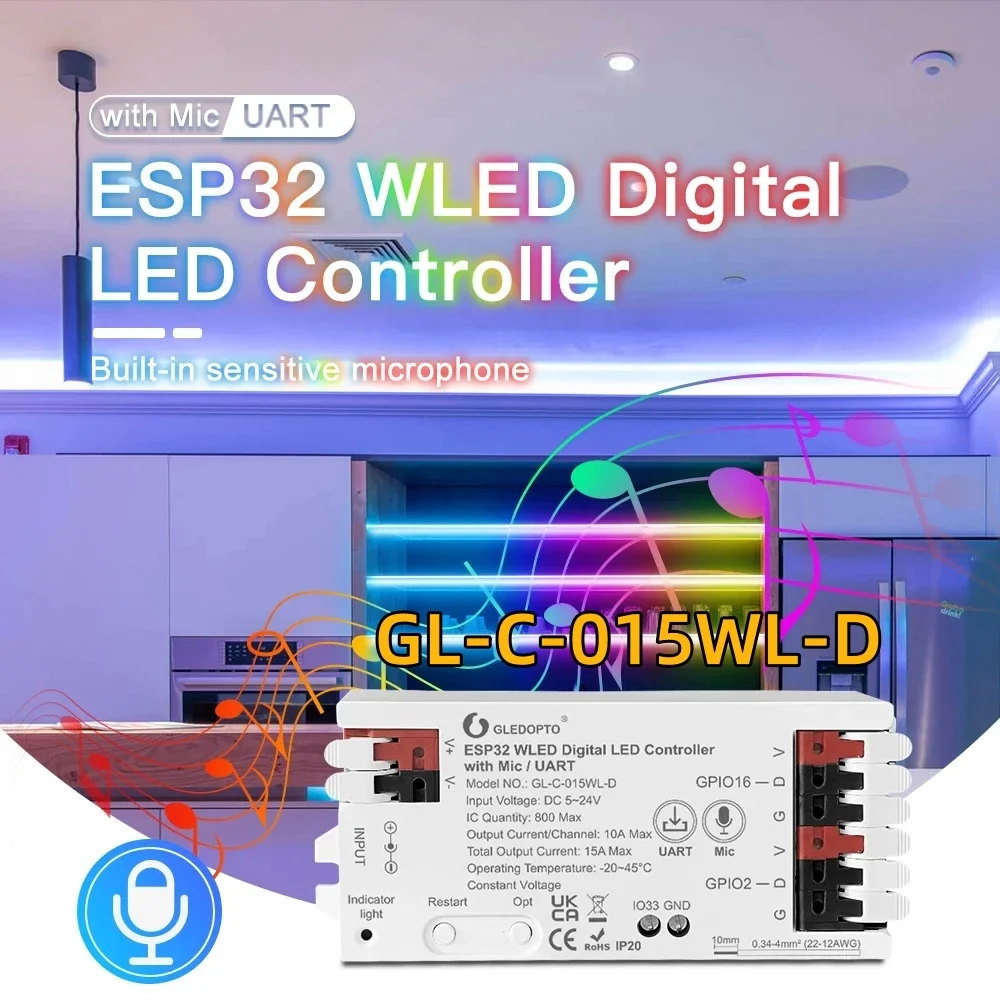 ESP32 WLED LED Controller with Mic Microphone Music Dynamic WiFi Controller Voice Control WS2811 2812 SK6812 RGBW 2815 Led Light