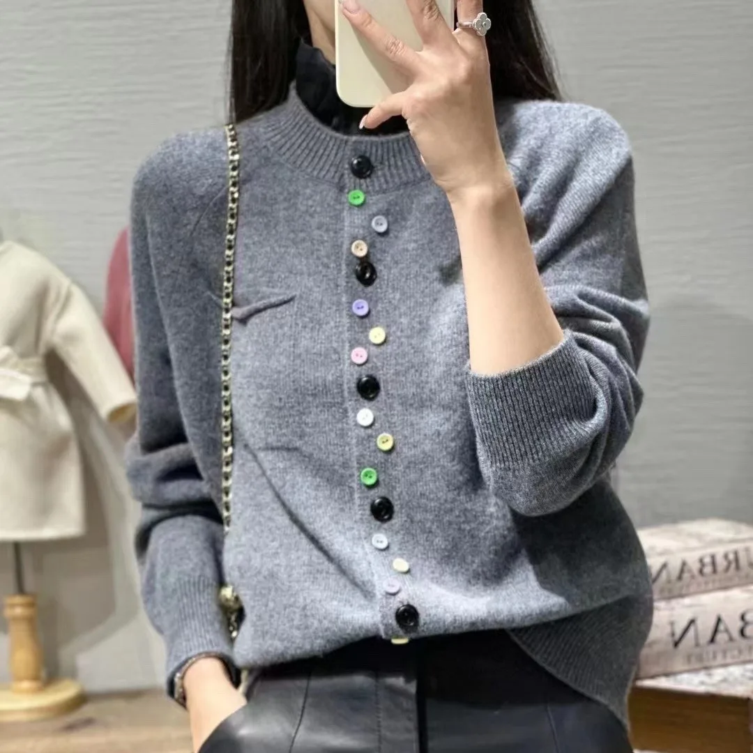 2024 Women's Autumn and Spring round Neck Single Pocket Irregular Color Buckle Knitted Cardigan