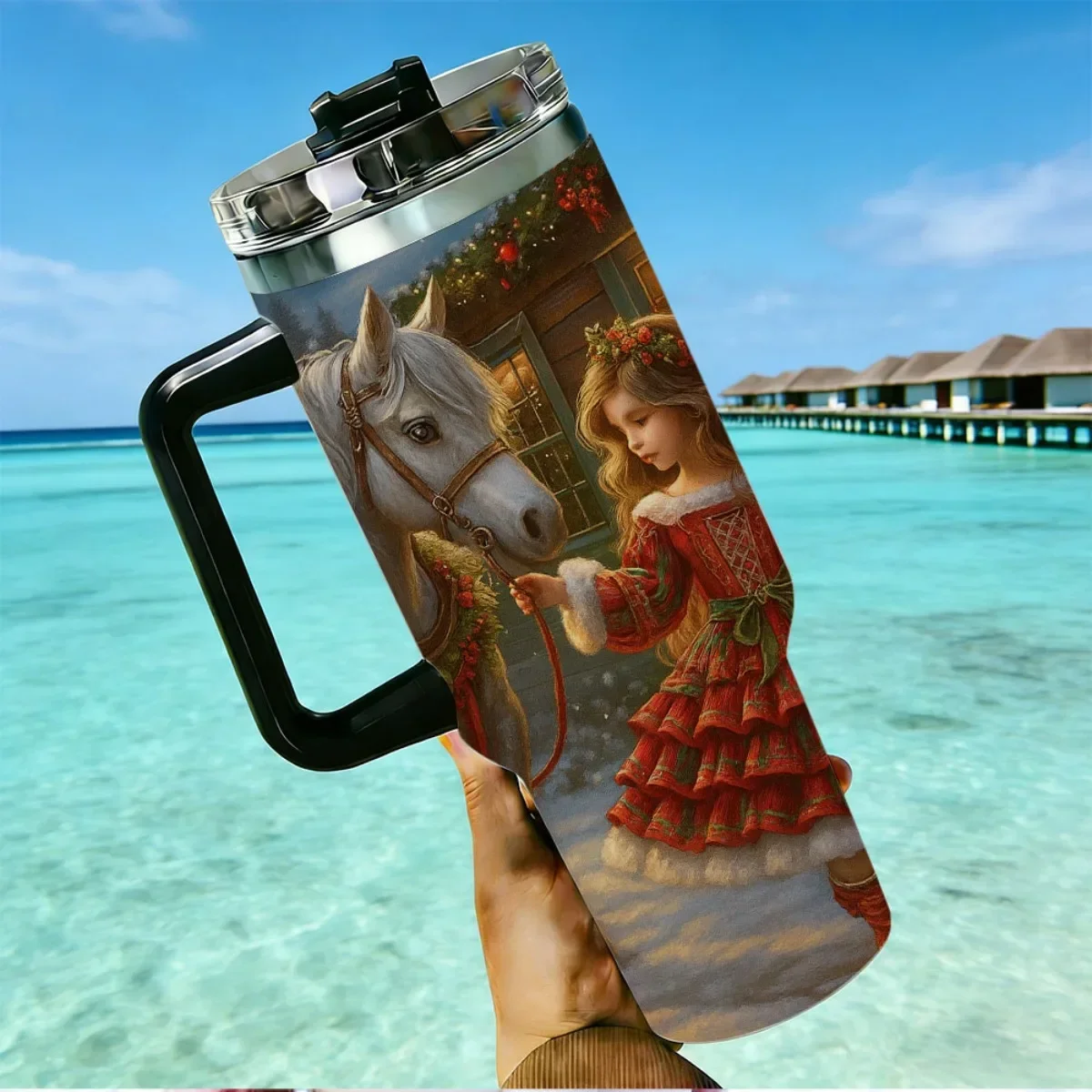 40oz Tumbler with Handle Christmas Girl Horse Winter Holiday Print Insulated Cup, Other colors sold out, random black or white shipment for other color orders