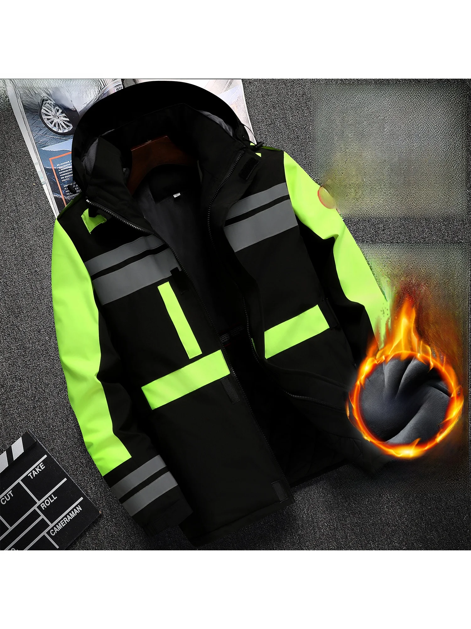 

Thiened Fce Winter Workwear Jaet Reflective Cotton Work Clothes Men's Large Size Warmth Outerwear Casual Long Sve Z...