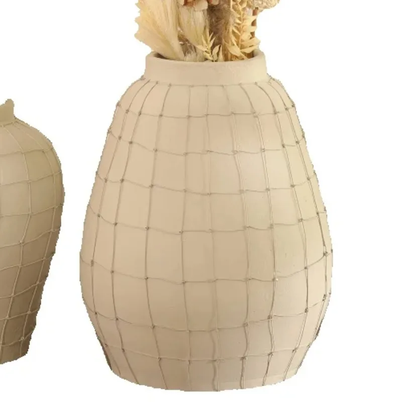مزهرية سيراميك بيج بسيطة وحديثة بتصميم شبكي منسوج مزهرية زهور مجففة ديكور منزلي قطعة مركزية