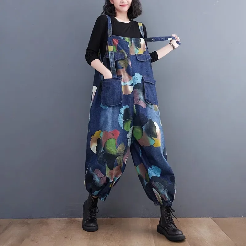 Oversized Jean Jumpsuits Clothes for Women 2024 Spring Summer Baggy Printed Wide Leg Overalls Cargo Denim Pants Hip-Hop Rompers