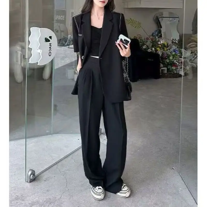 Women\'s 2024 Summer New Chic Loose Short Sleeved Suit Jacket Pants Two Piece Korean Elegant Casual Blazers Trousers Matching Set