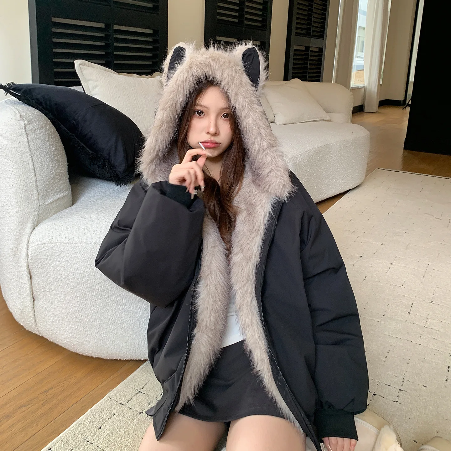 

Women's 2026 New Korean Version Hooded Fluffy Jacket Winter Velvet Thicken Cotton-padded Clothes Female Outwear