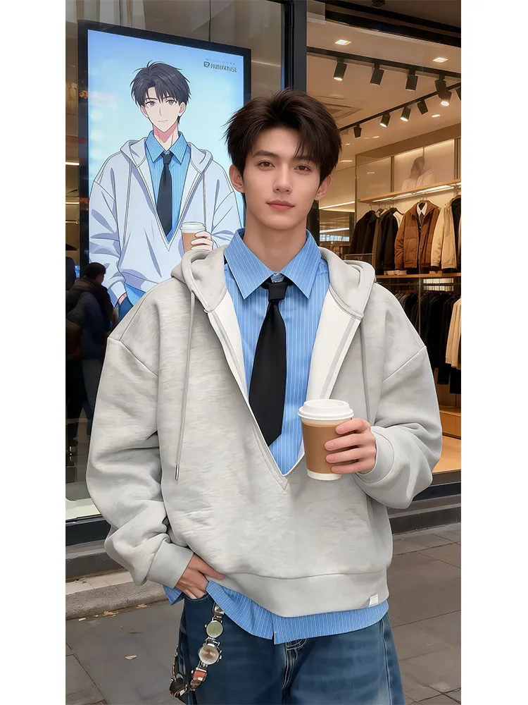 

American Sle V-Ne Striped Patchwork Hoodie irt Men's Spring Autumn Casual Loose Fit Anti-Wrinkle Long Sve Coat