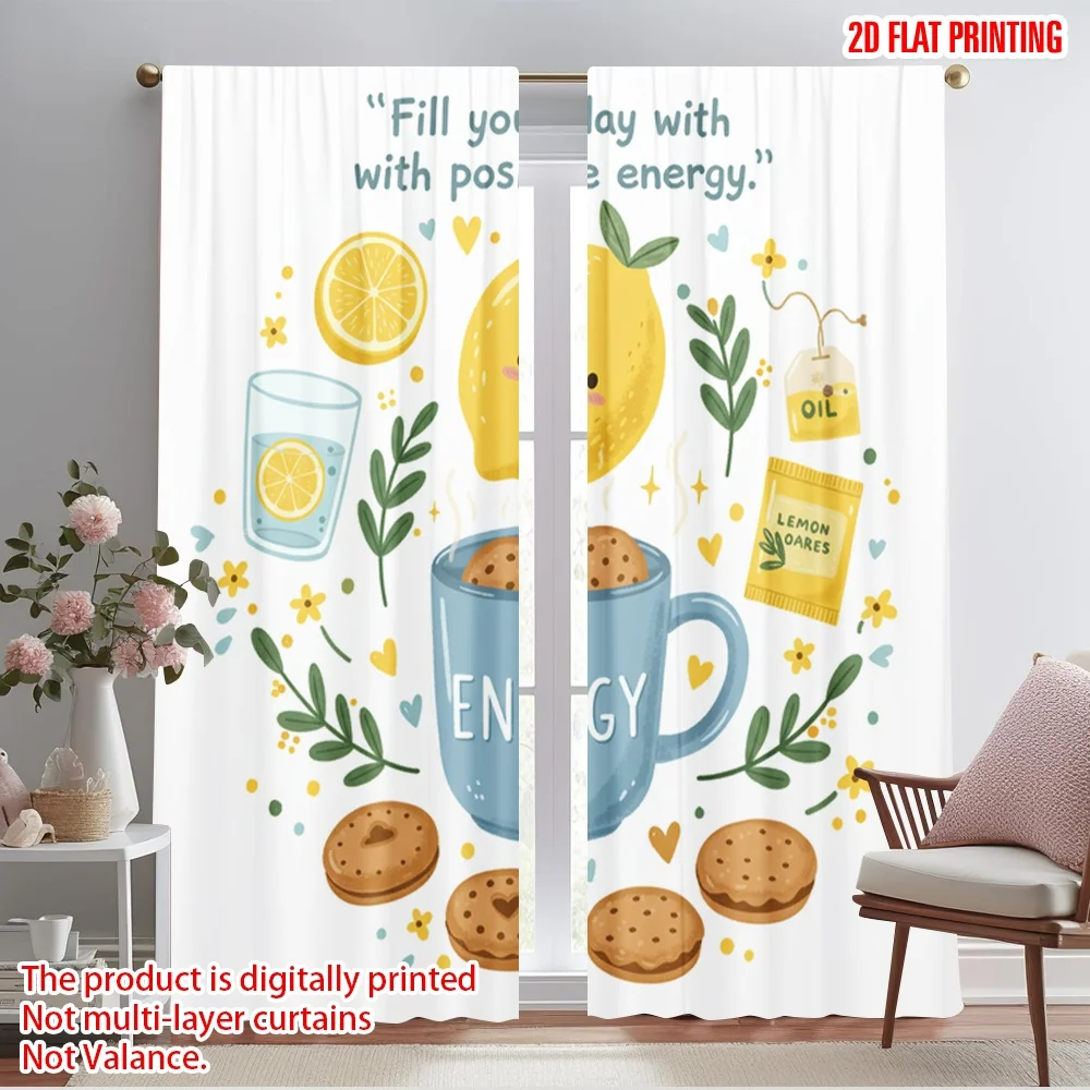 

2pcs 2D flat printing Window Treatment Curtains Positive Energy Lemon Tea Fabric Without Electricity 0 Perfect for Outdoor and