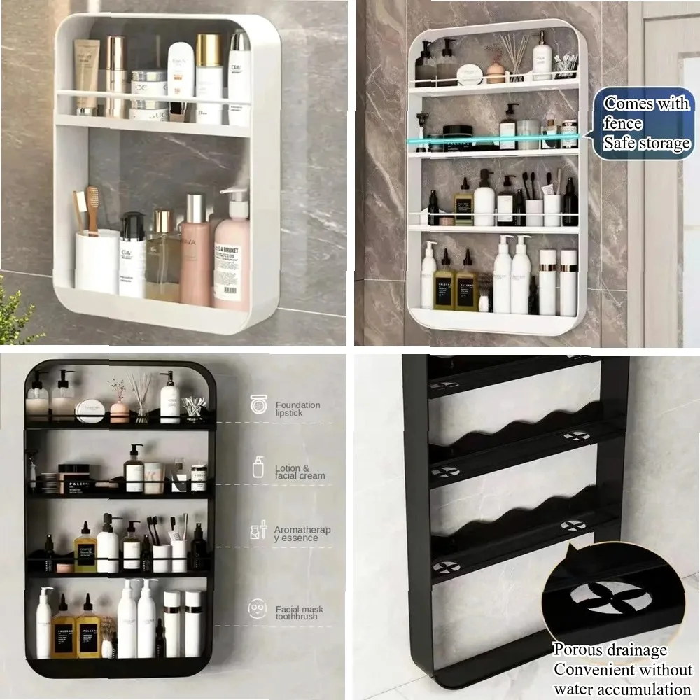 Wall Mounted Bathroom Rack, Non-Perforated Strong Load-Bearing Toiletries Storage Shelf, Multi-Layer Kitchen Seasoning Stand