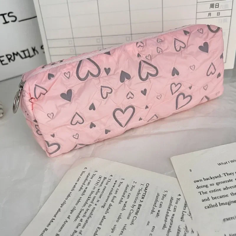 1 Piece Kawaii Mini Pencil Pouch Korean Fashion Pink Beige Color Seriesi Pencil Case Heart Style Stationery Storage Bag Student