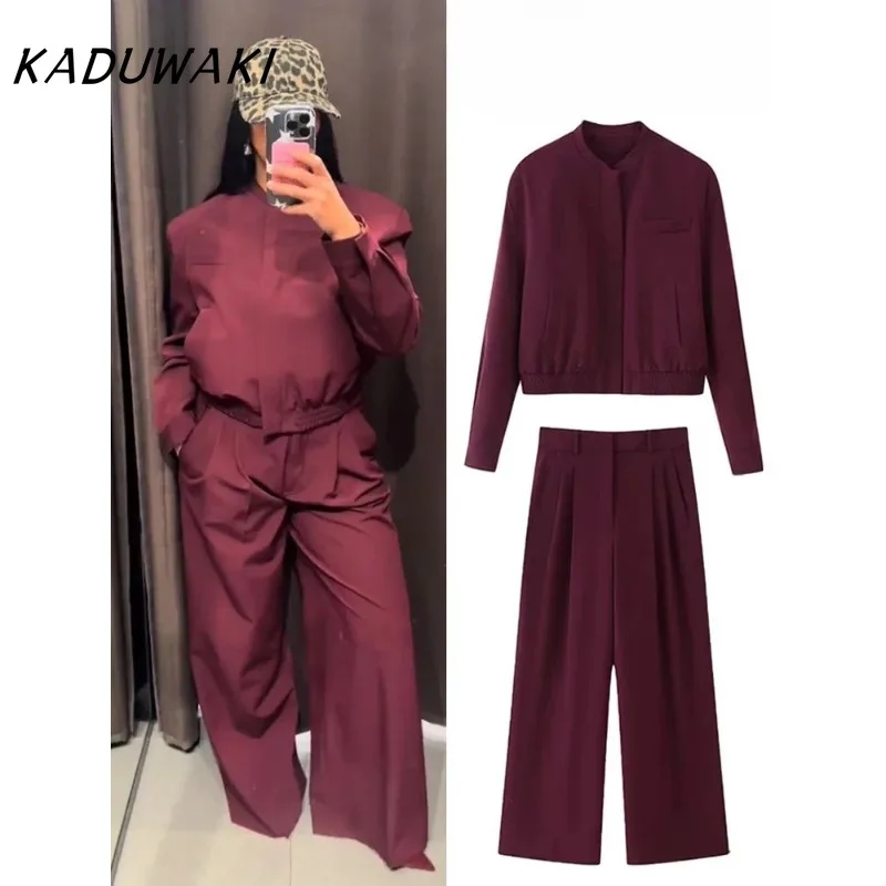 

KADUWAKI Fashion Solid O-Neck Long Sleeves Pockets Zipper High Waist Loose Pants Female Spring Streetwear Style Sets Ins 트위드 투피스