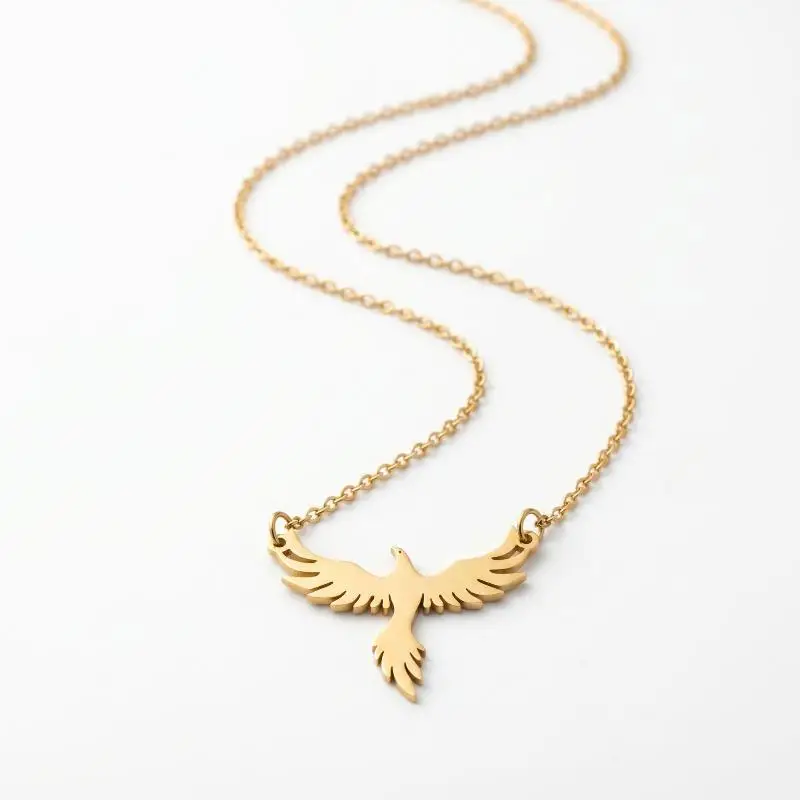 Dainty Rising Phoenix Pendant Necklace Stainless Steel Gold Plated Silver Fantasy Bird Charm
