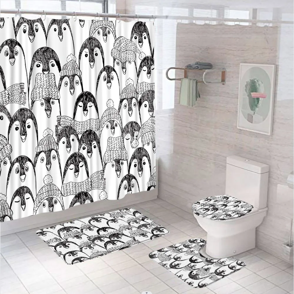 

Cute Penguin Shower Curtain Set Black White Cartoon Animal Funny Bathroom Curtains Screen Non-Slip Bath Mat Rug Lid Toilet Cover