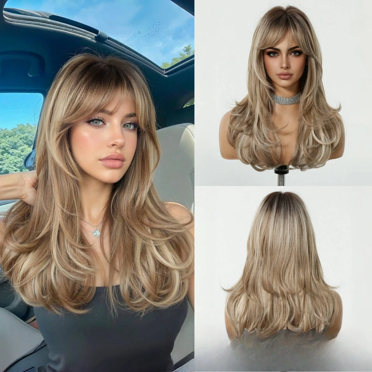 

Wig Women's Brown Eight-character Bangs Layered Curly Hair Top Dyed Fashion Natural Wig