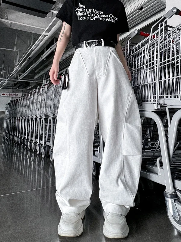 

American Sle Casual Pants High Waist Wide Leg Jeans Men's Faionable Torn Pleated Loose Fit Autumn Polyester Fiber