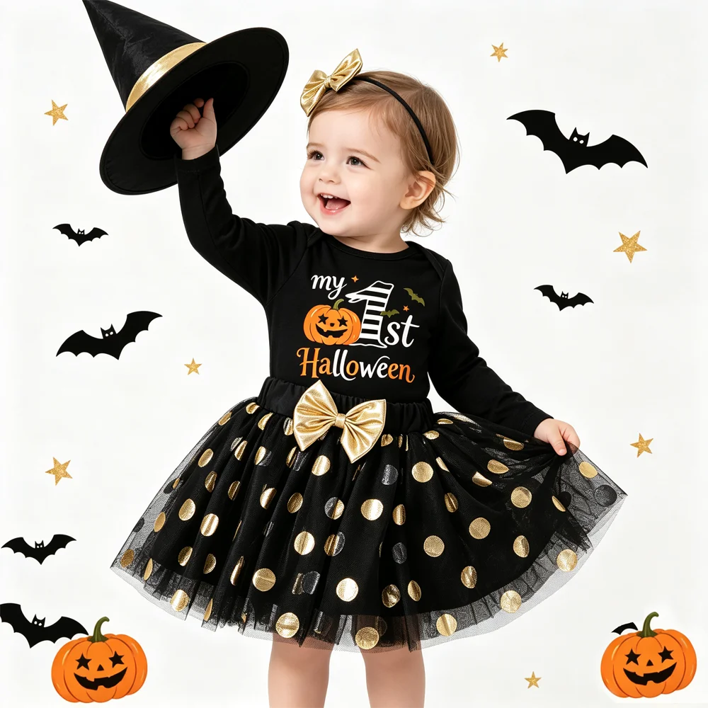 Infant Baby Girls 4Pcs Halloween Costume Romper Gold Polka Dot Tulle Skirt Over Knee Leg Warmers Headband Festival Party Outfit