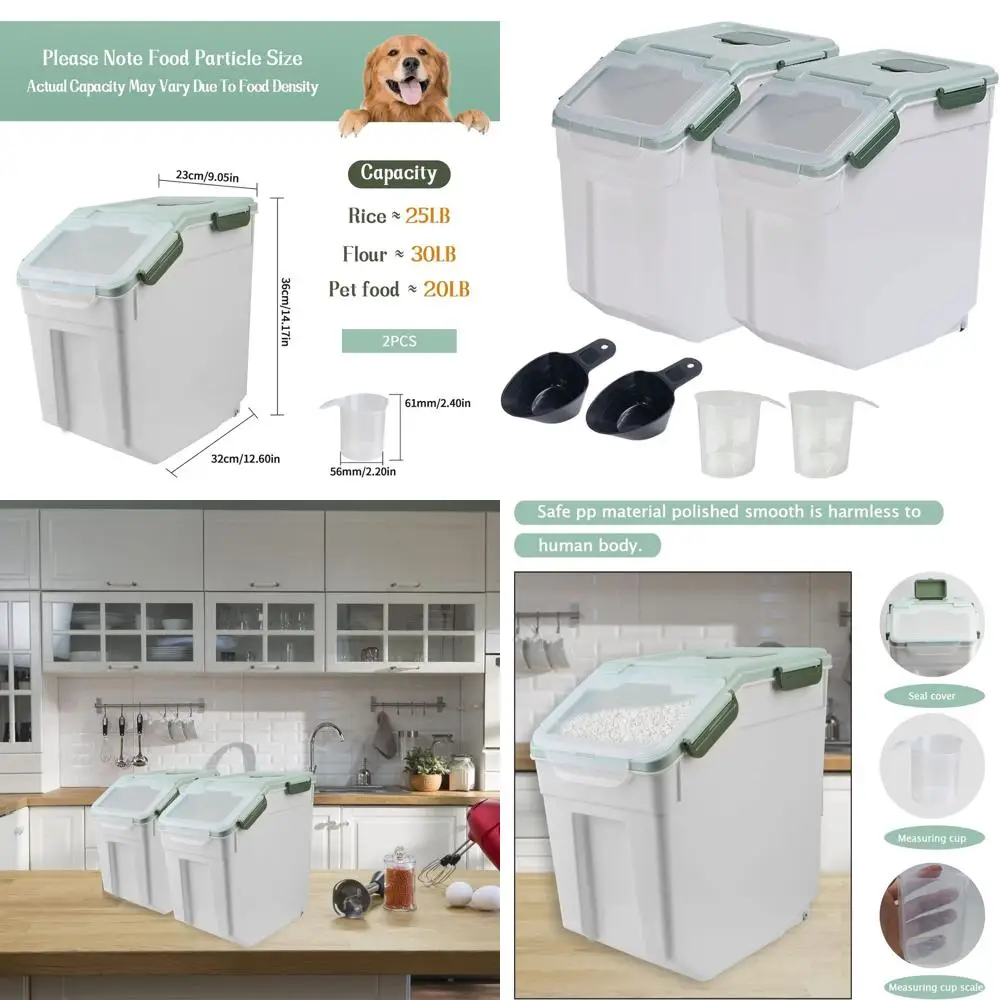 

Двойные герметичные контейнеры для хранения муки и риса на 25 фунтов с колесиками, запирающейся крышкой, без BPA, в комплект входит мерный стаканчик и совок