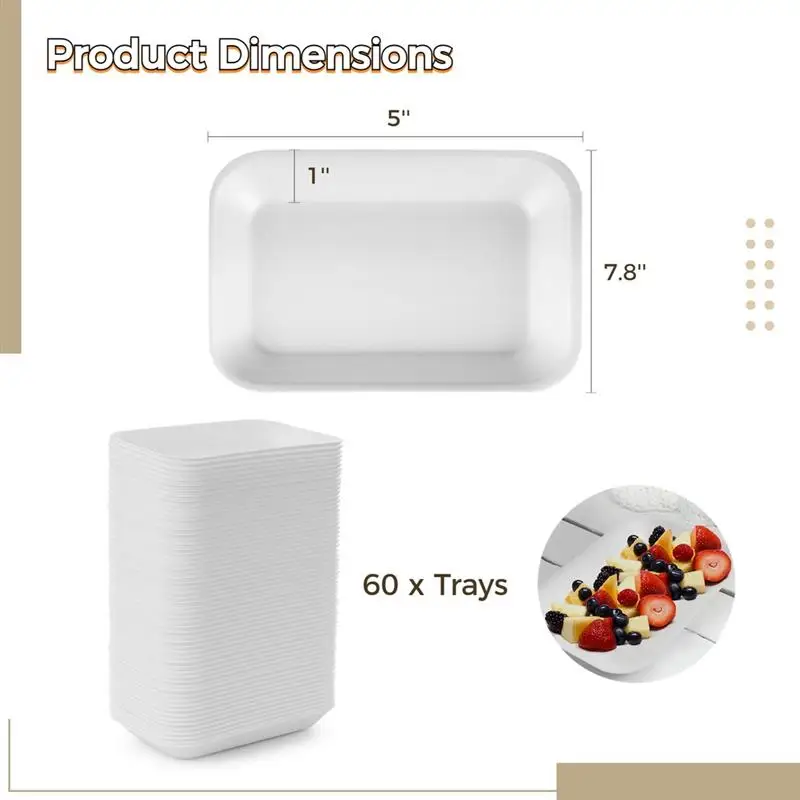 60Pcs Crafts Foam Trays White Foam Disposable Poultry Meat Fruit Trays BBQ Grill Roast Food Plates Rectangle DIY Craft Trays