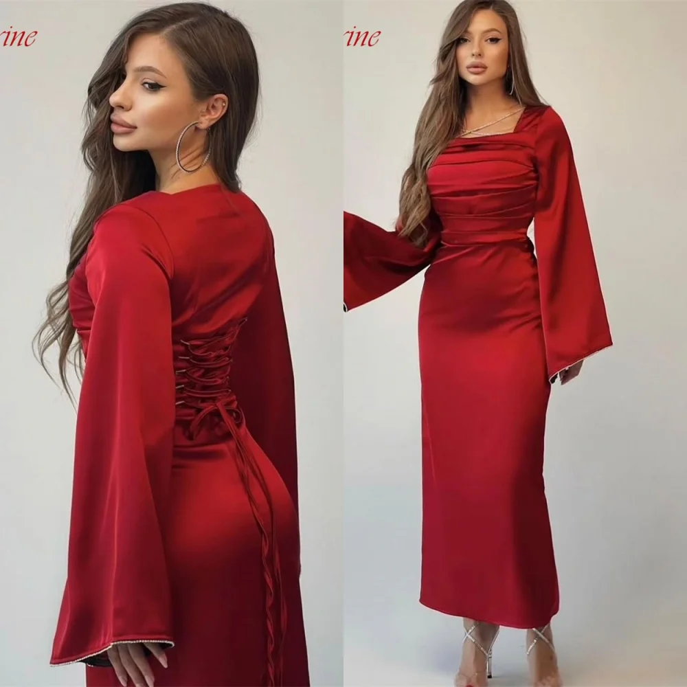 Customized Elegant Red Square Collar Off the Shoulder Eveing Dress High QualitySatin Long Sleeves A-line Prom Dresses For Women