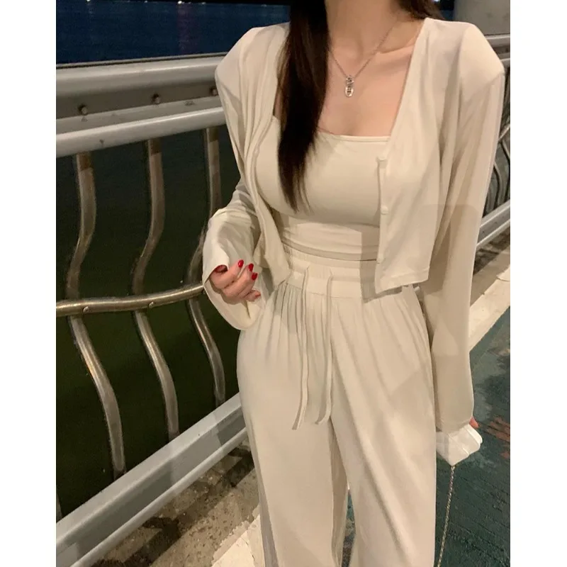 

Шикарный летний повседневный кардиган Sle ort Svel, майка с поясом и длинные повседневные брюки, женский комплект, модная футболка...