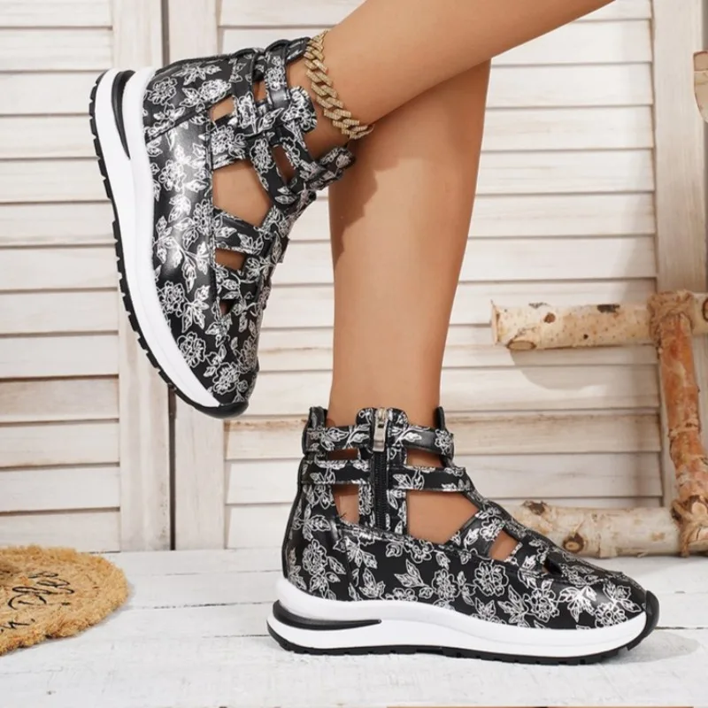 Ladies Slope Heel Sandals Non-slip Lightweight Comfortable Casual Mid Heels Women High Top Shoes Casual Hollow Breathable Shoes