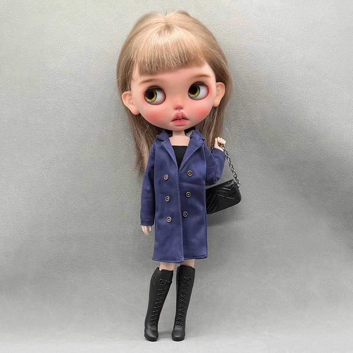 

30cm Blyth Doll Clothe Accessories Fashion Deep Blue Trench Coat+ Vest + Belt Set For 19-joint Blyth Doll OB24 OB27 Babi