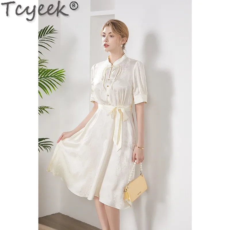 

Tcyeek Dress Women 49.5% Mulberry Silk Midi Dresses 2024 Chic and Elegant Woman Dress Solid Color Spring Summer Clothes Belt