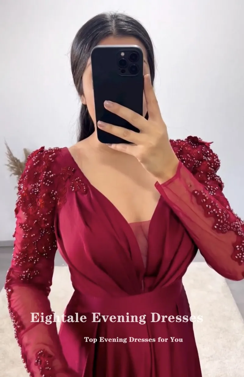 Eightale Burgundy Evening Dress for Wedding Party V-Neck Appliques Beaded Satin Long Sleeves A-Line Celebrity Formal Prom Gowns