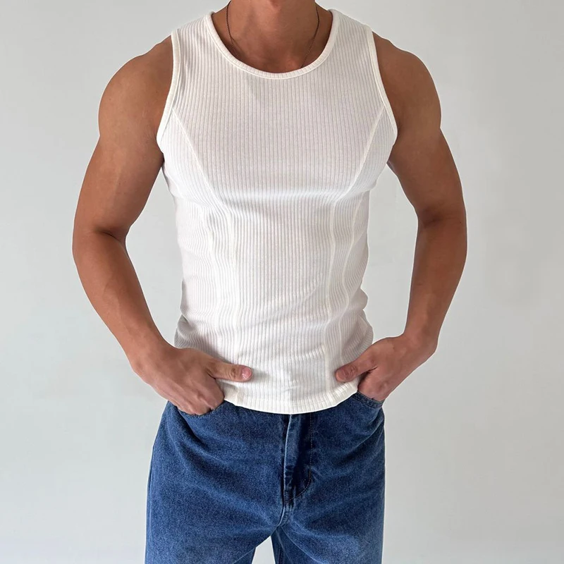 Sports Fitness Slim Sleeveless Tank Tops Men Fashion Solid Color Pleated Ribbed Vest Shirts Mens Summer Casual Elastic Camisoles